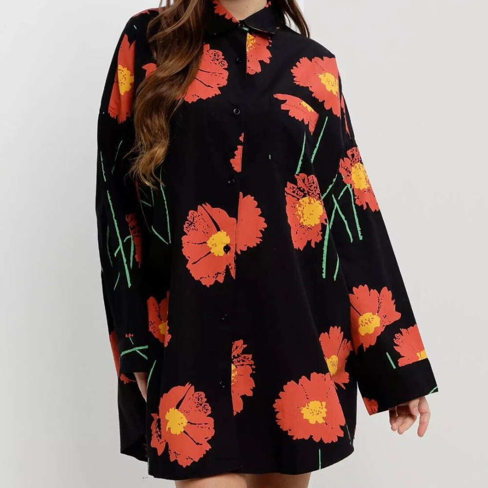 Obey Long Sleeve Poplin Shirt Dress "Friday" Black/Floral